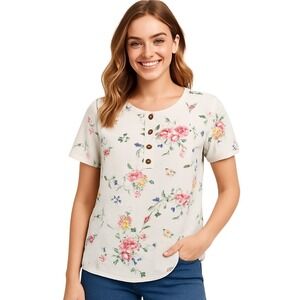 Women Small Floral Print Blouse White Botanical Short Sleeve Boho Spring NEW‎